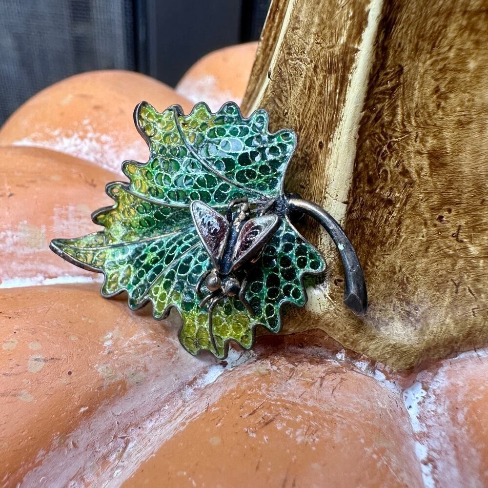 Vintage Plique-à-Jour Enamel 800 Silver Leaf Brooch with Bug Design